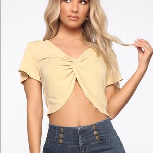 Fashion Nova Twist It Short Sleeve Crop Top Mustard